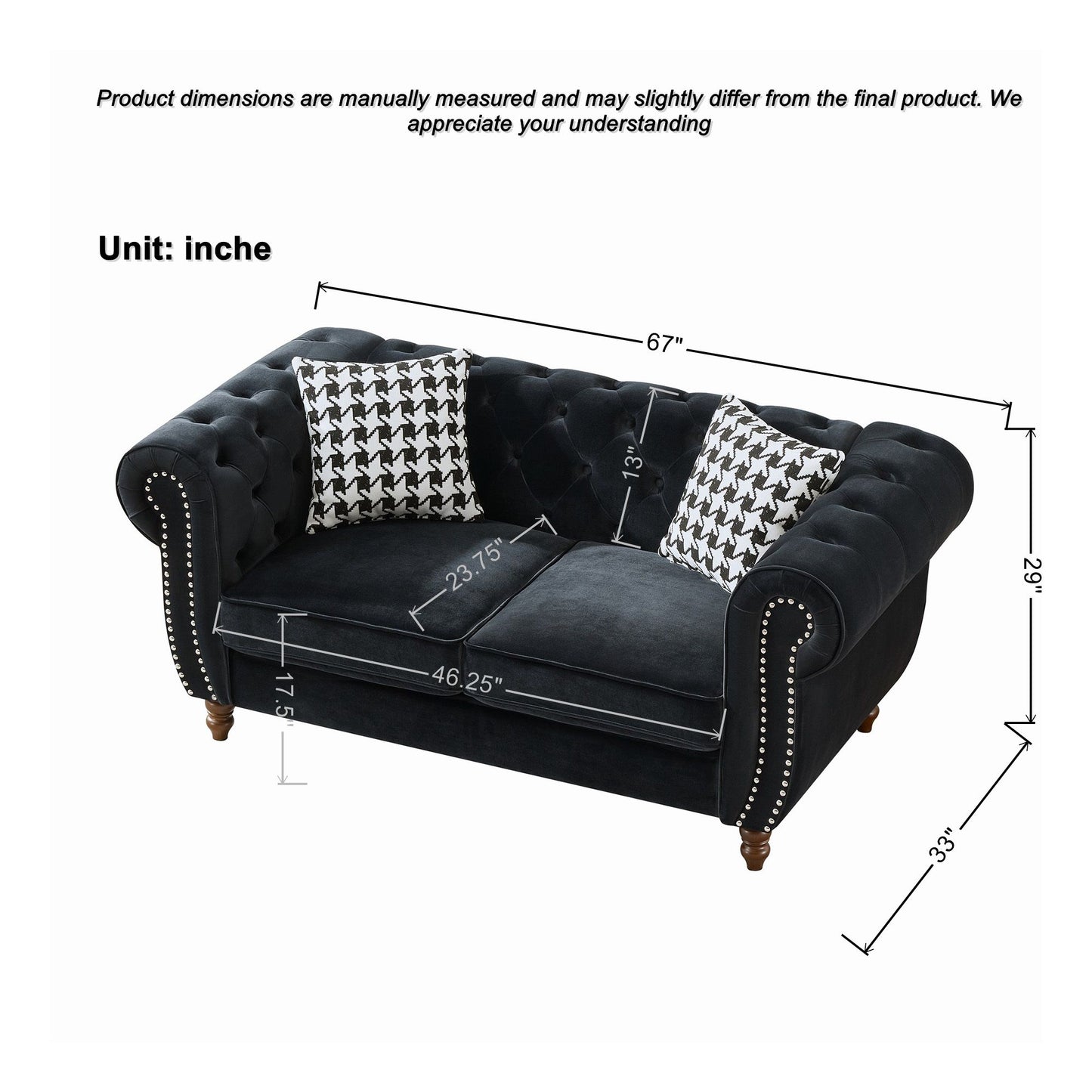 Chesterfield Upholstery Fabric Loveseat With Roll Armrest And Nailhead Home Essentials