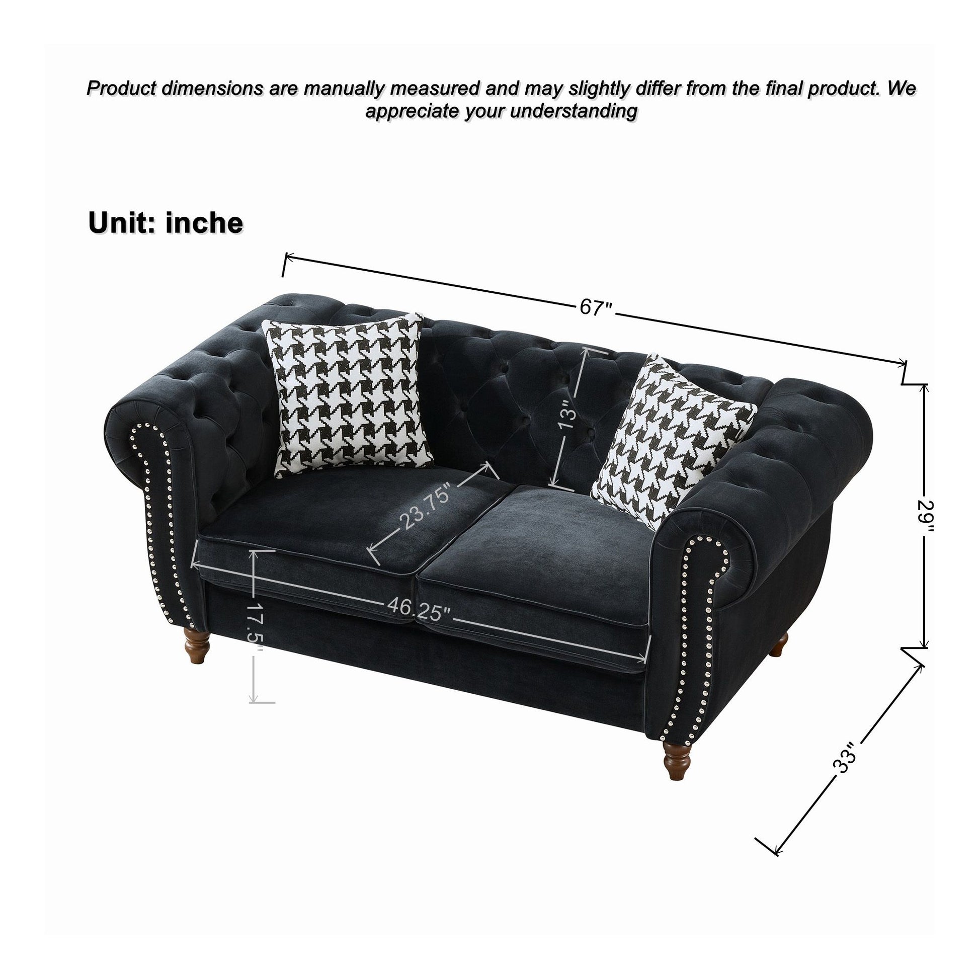 Chesterfield Upholstery Fabric Loveseat With Roll Armrest And Nailhead Home Essentials