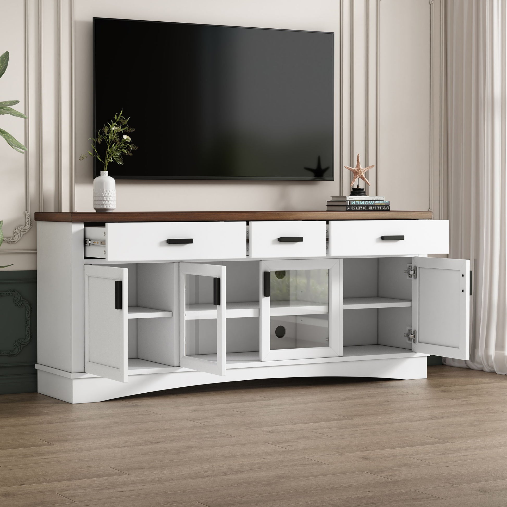 TV Console Stand, Glass Doors & Storage Drawers, Adjustable Shelves Noble House