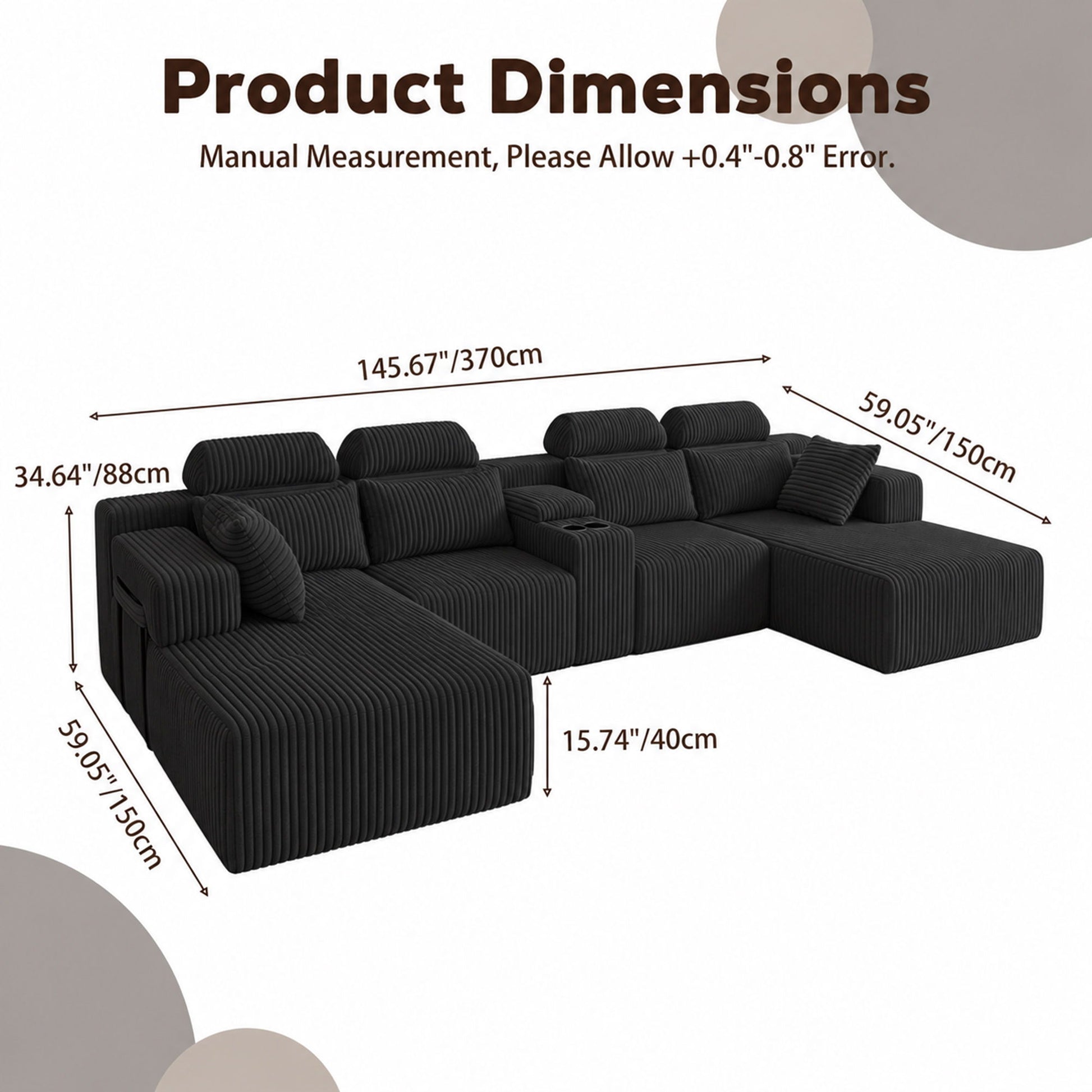 U-Shaped Sectional Sofa With Chaise Lounge And Cup Holders Home Essentials