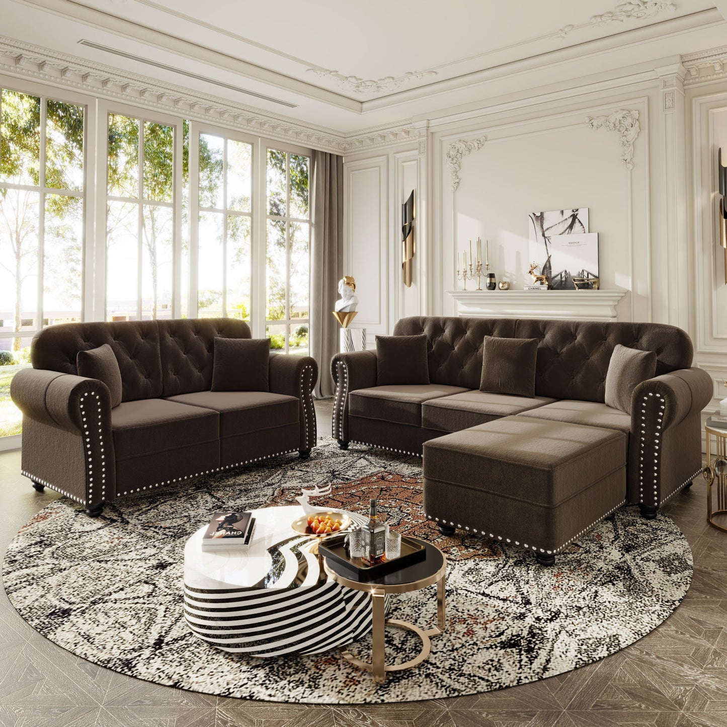 Upholstered Sofa Set With Nailhead Trim And Rolled Armrests, Includes Pillows Home Essentials