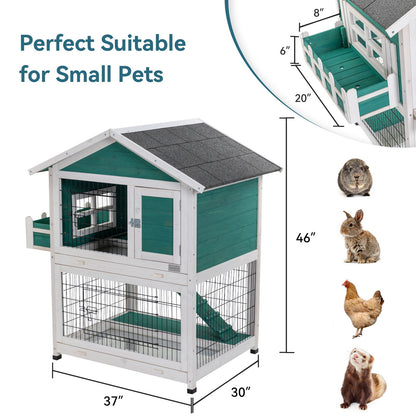 2 Story Wooden Rabbit Hutch Outdoor Indoor Bunny Cage Pull Out Tray, Waterproof Roof - Green