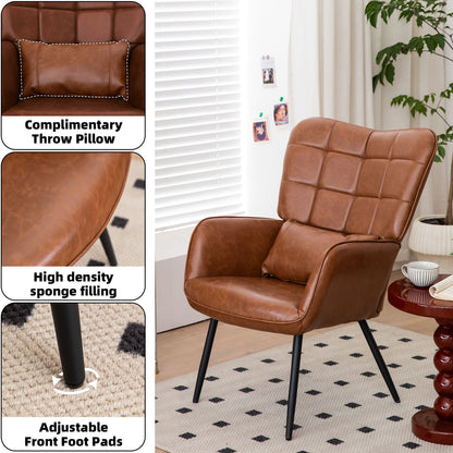 32.3" Bonded Leather Armchair, Modern Accent Chair High Back, Living Room Chair With Metal Legs And Soft Padded, Sofa Chairs For Home Office, Bedroom, Dining Room - Brown