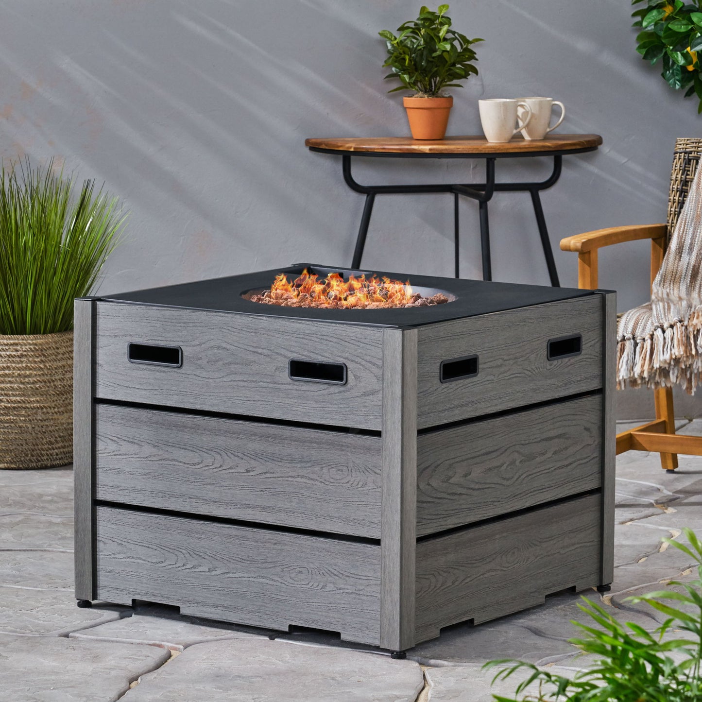 Rustic Style Outdoor Square Propane Fire Pit, 40,000 Btu Noble House