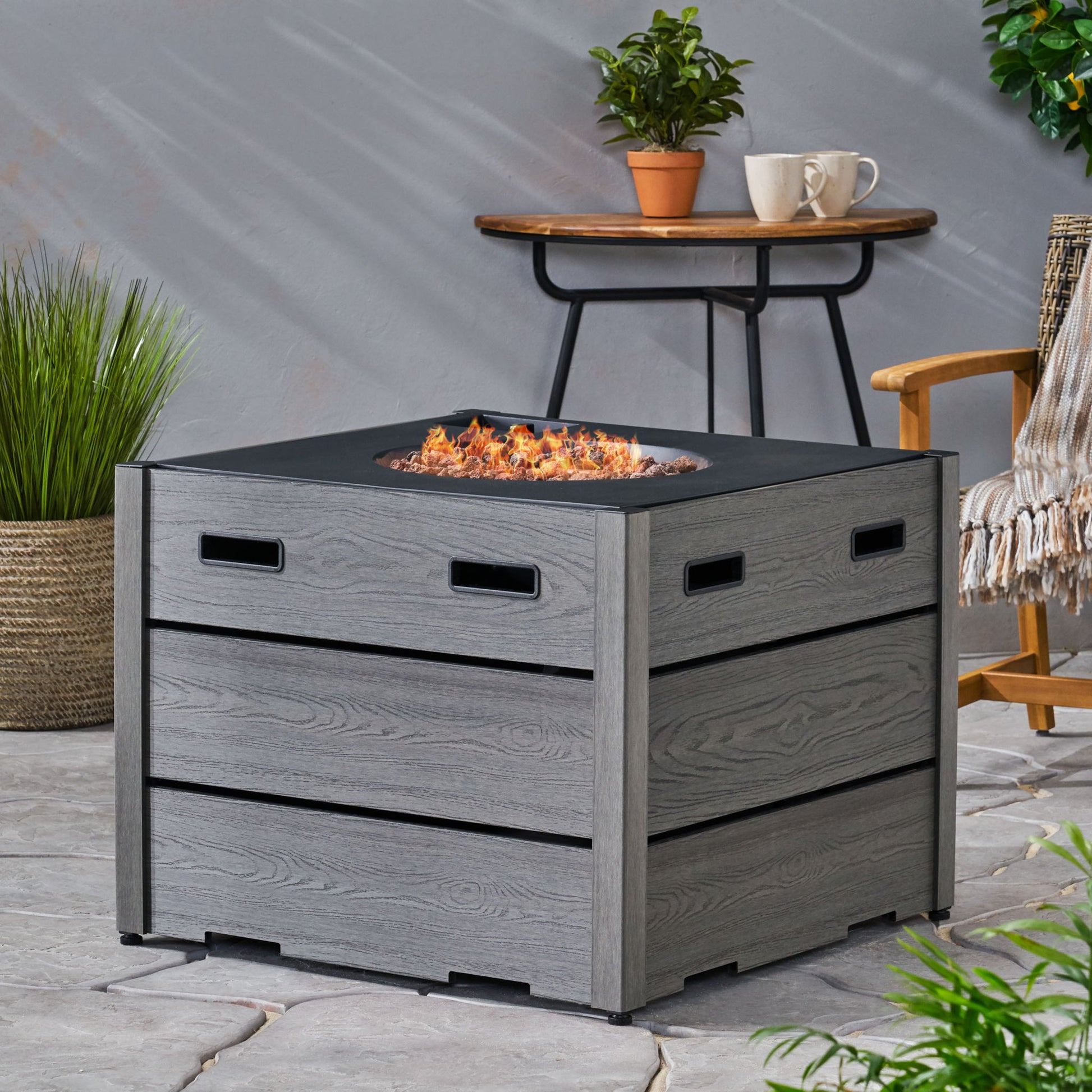 Rustic Style Outdoor Square Propane Fire Pit, 40,000 Btu Noble House
