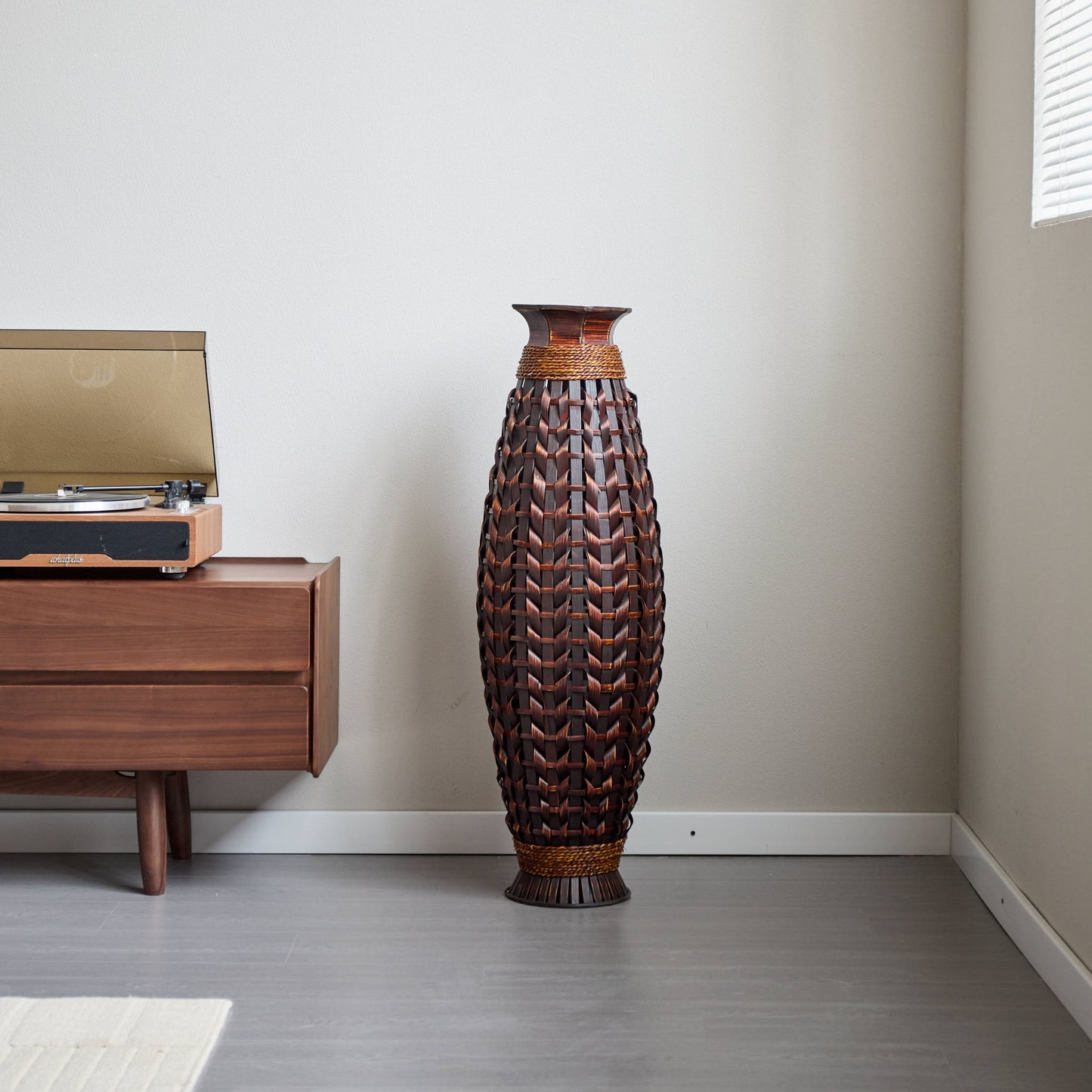 Hand Woven Bamboo Floor Vase, Decorative Accent For Living Room - Acacia Wood Daily Nest