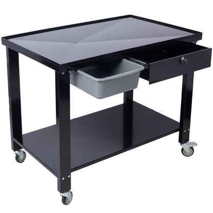Transmission Teardown Work Station 1 / 2 Ton Capacity Sloping Drain Table Locking Drawer Removable Drain Basin Full-Width Lower Shelf Four 4" Caster Wheels Daily Nest