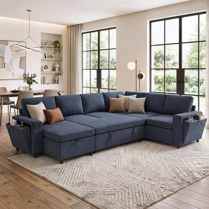U - Shaped Convertible Sectional Sofa Bed With Storage, USB Charger & Cup Holders Hearth and Haven