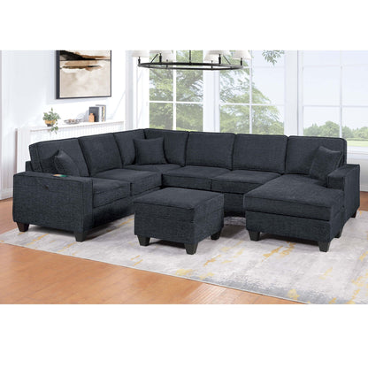 5 Piece Sectional Set With USB Port Left Arm Loveseat Chaise Right Arm Loveseat Corner Wedge Armless Chair Ottoman Upholstered - Black / Slate Home Essentials