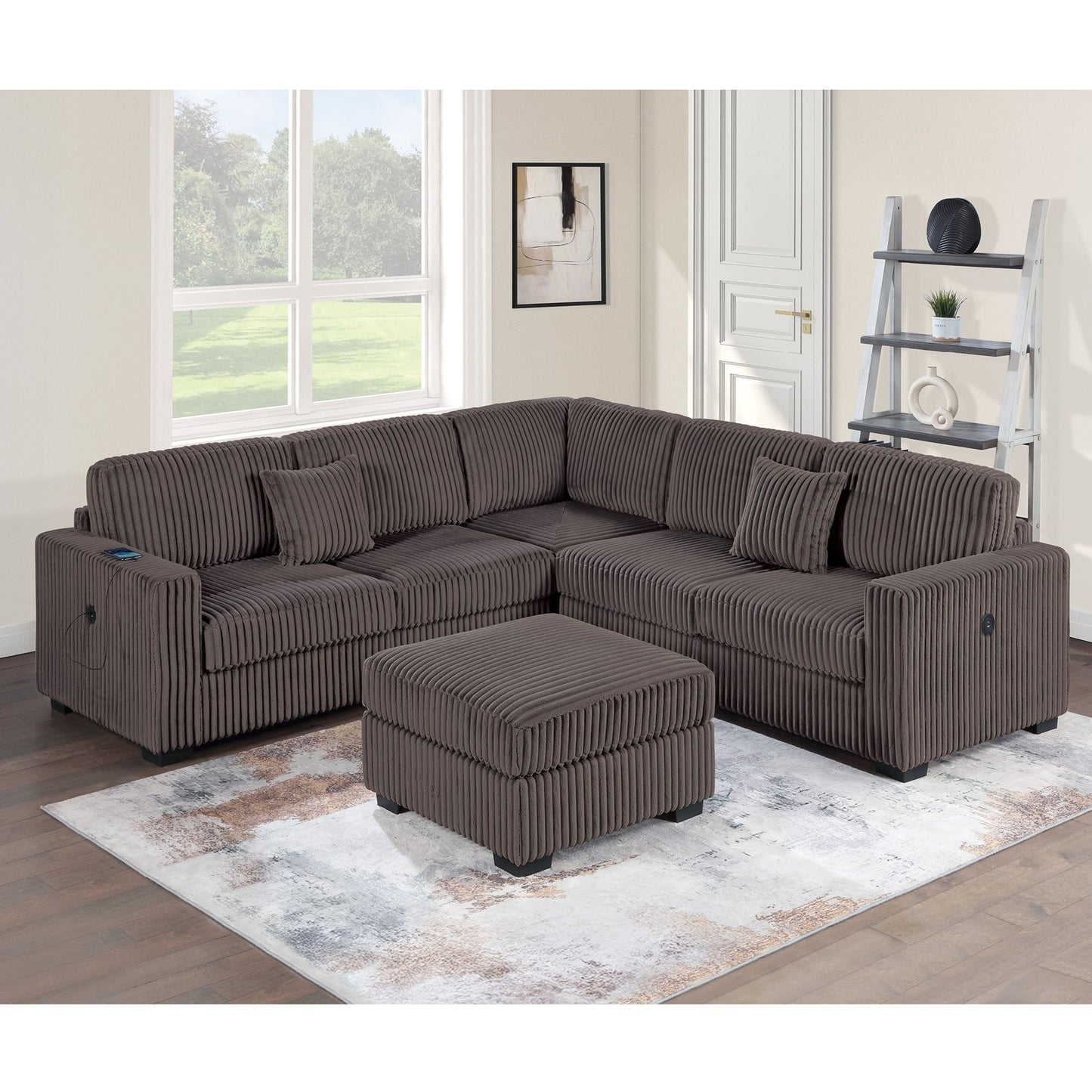 Upholstered L - Shaped 4 Piece Sectional Set With USB, Cocktail Ottoman Home Essentials