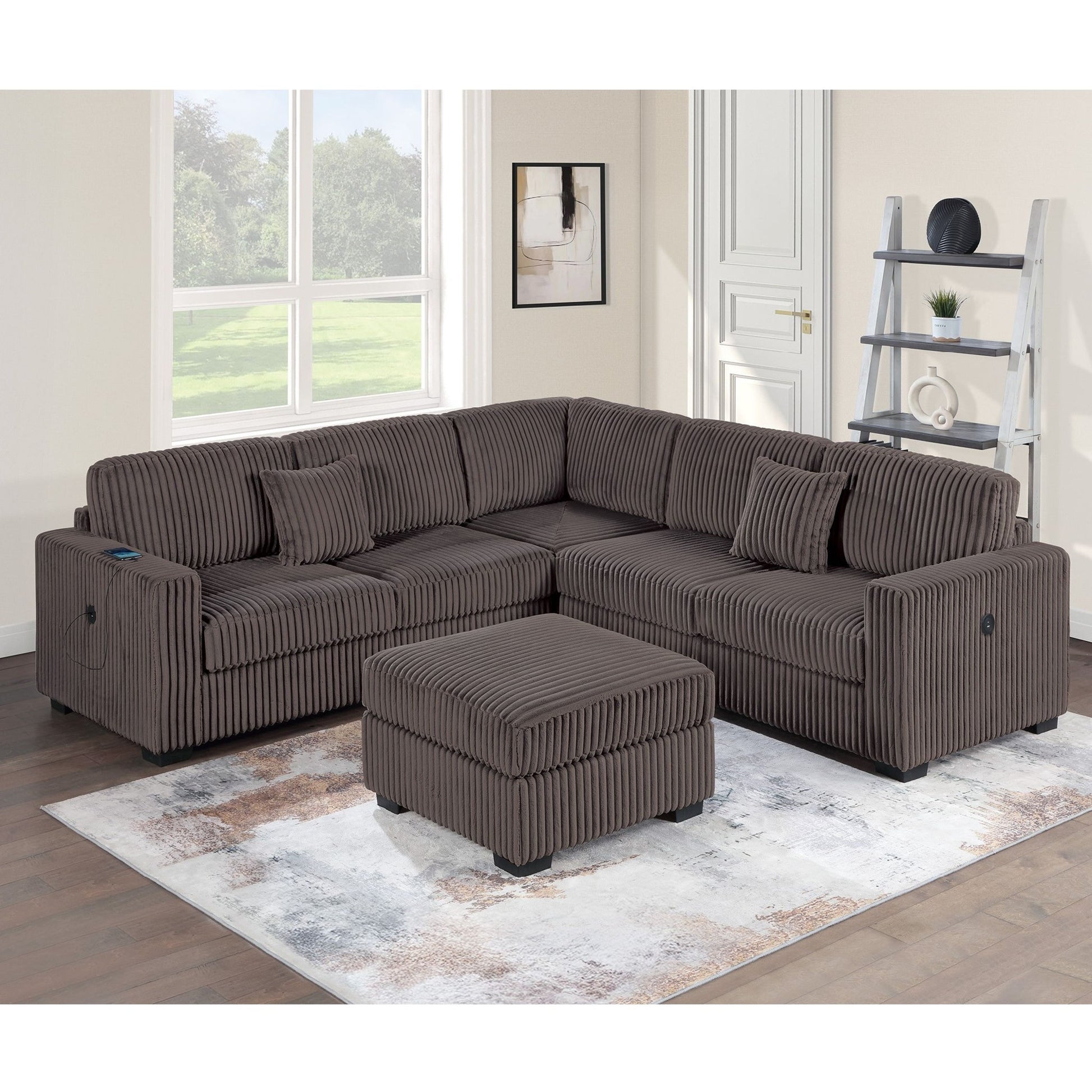 Upholstered L - Shaped 4 Piece Sectional Set With USB, Cocktail Ottoman Home Essentials