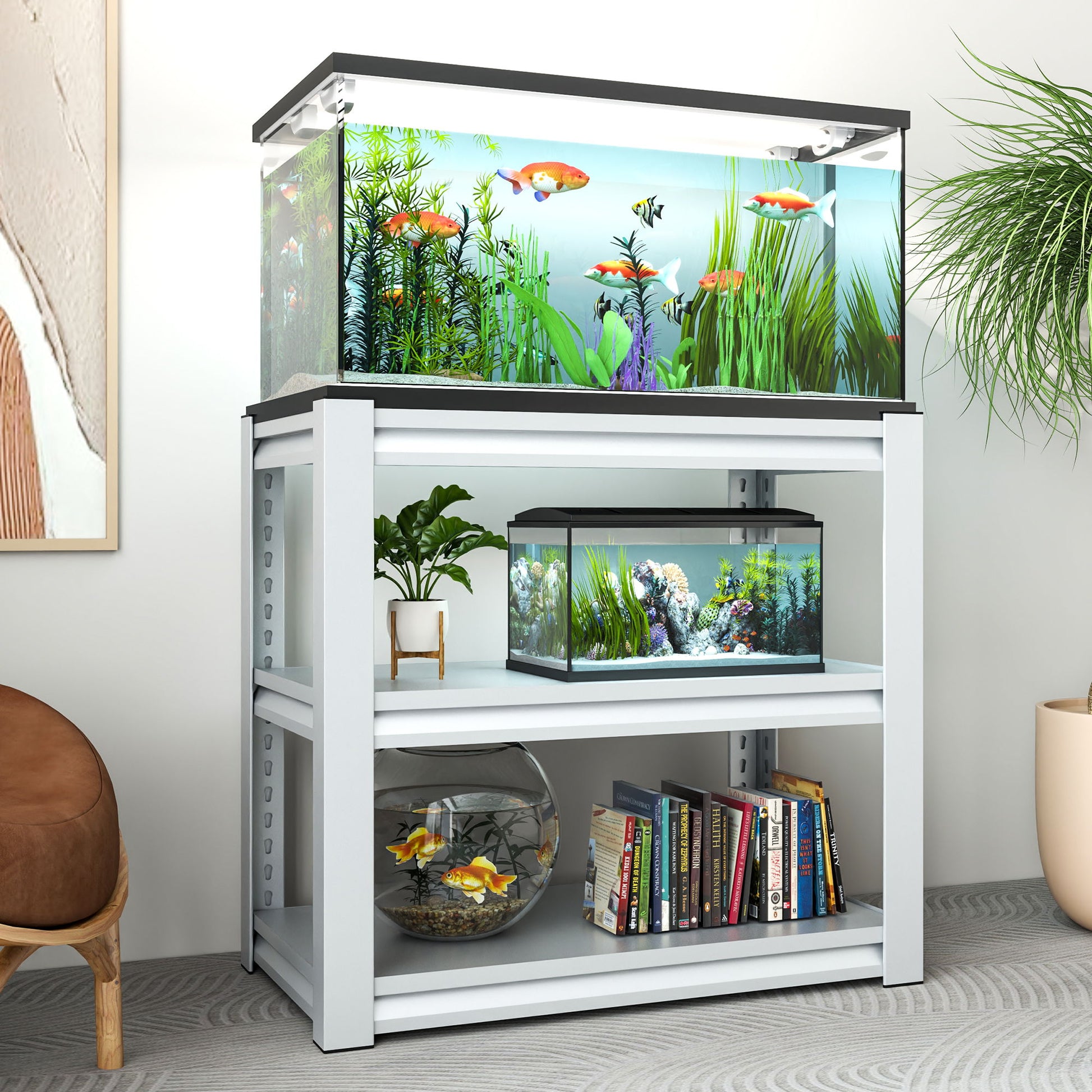 Stylish Metal Aquarium Stand For 20 - 30 Gallon Tanks, 3 Tier Adjustable Shelf Daily Nest