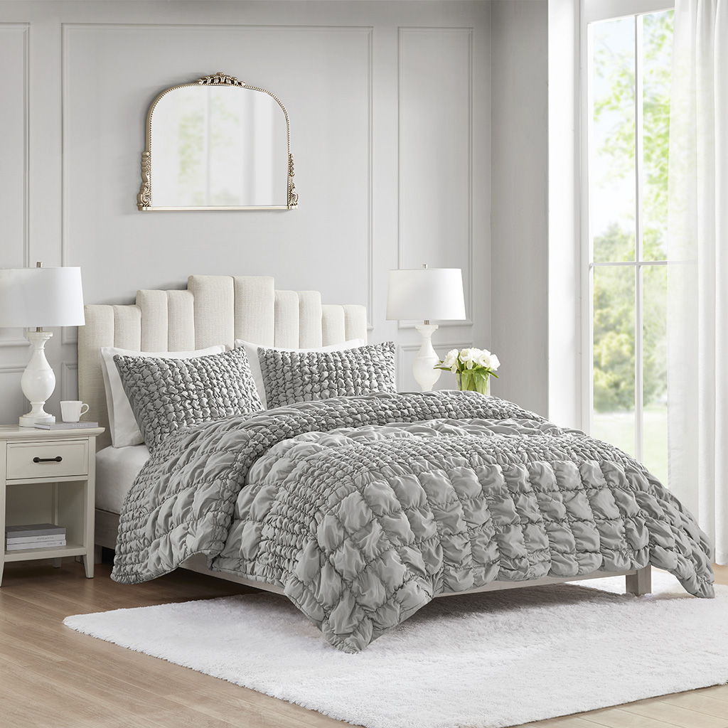 Evelyn - 3 Piece Stripe Ruched Comforter Set - Gray