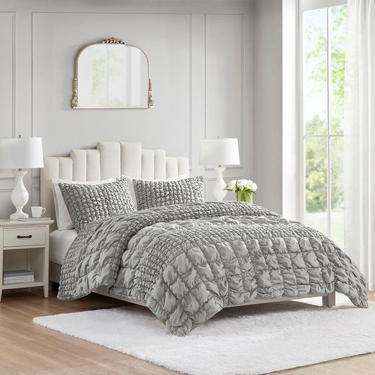 Evelyn - 3 Piece Stripe Ruched Comforter Set - Gray