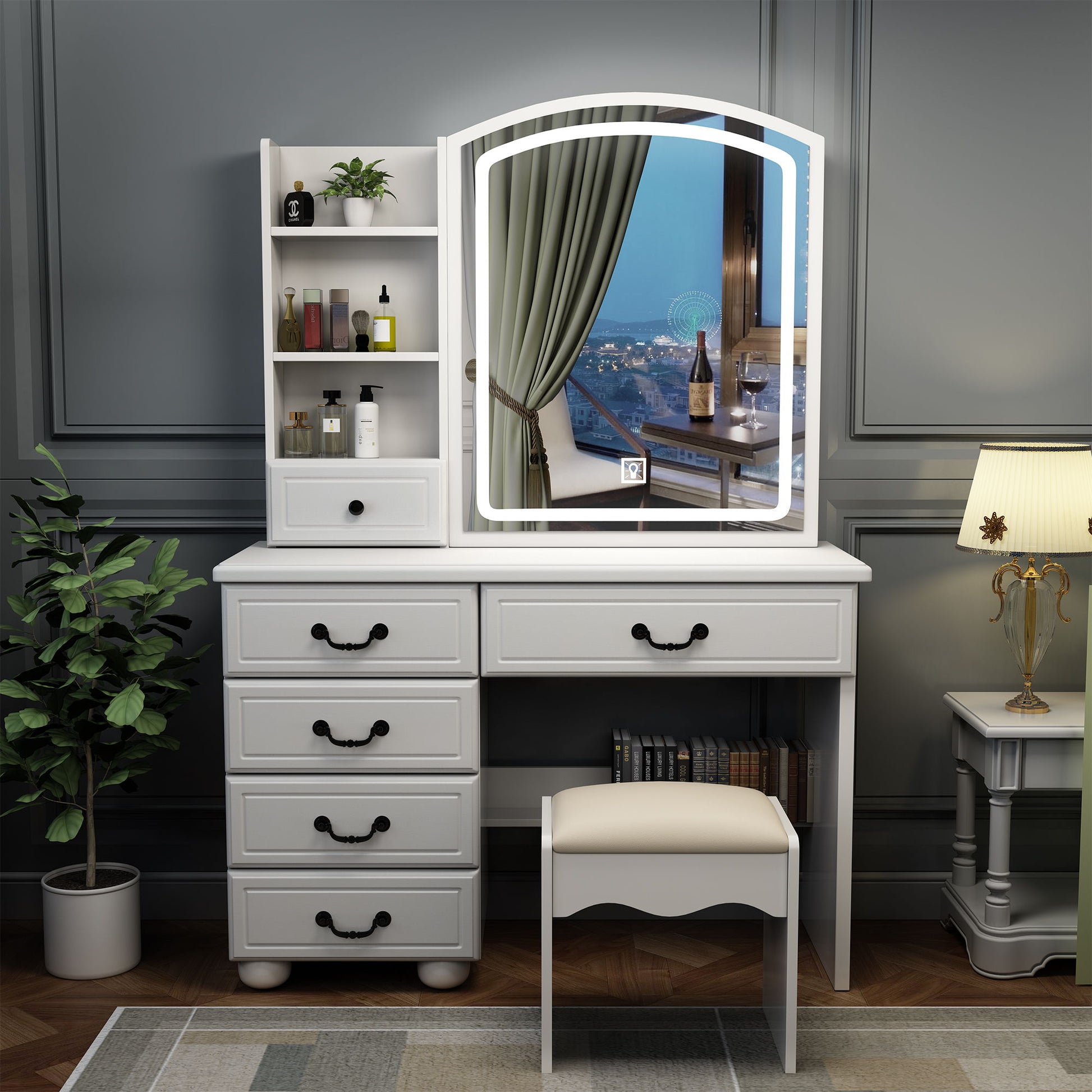 Fashion Vanity Desk With Mirror And Adjustable Lighting, 6 Drawers, 3 Color Light Modes - White Home Essentials