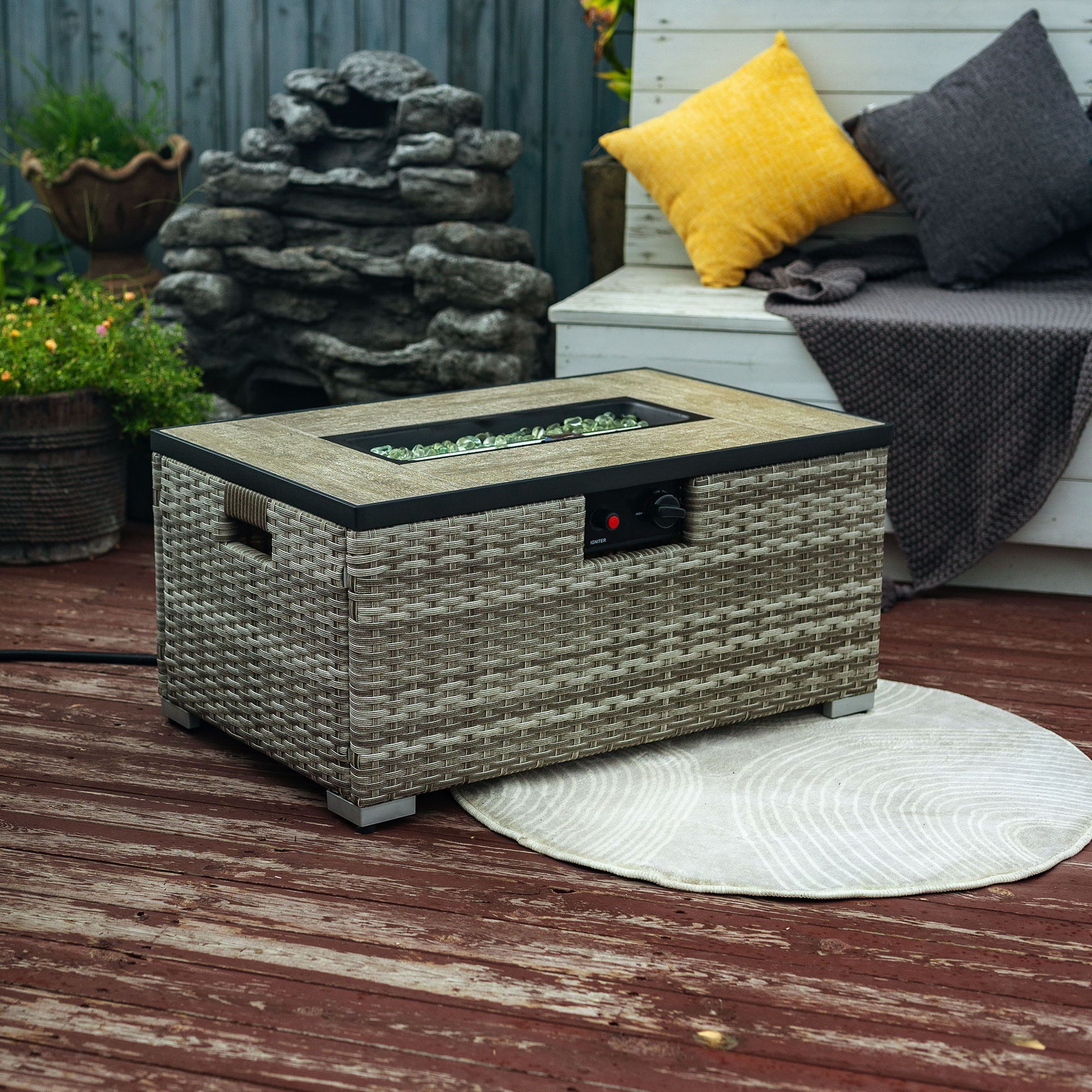 32" Propane Gas Fire Pit Table With Propane Tank Cover, 50000 Btu Rectangular Steel Fire Pit With Beautiful Wicker Base Home Essentials