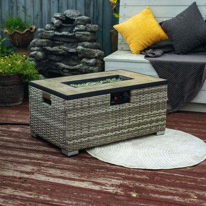 32" Propane Gas Fire Pit Table With Propane Tank Cover, 50000 Btu Rectangular Steel Fire Pit With Beautiful Wicker Base Home Essentials