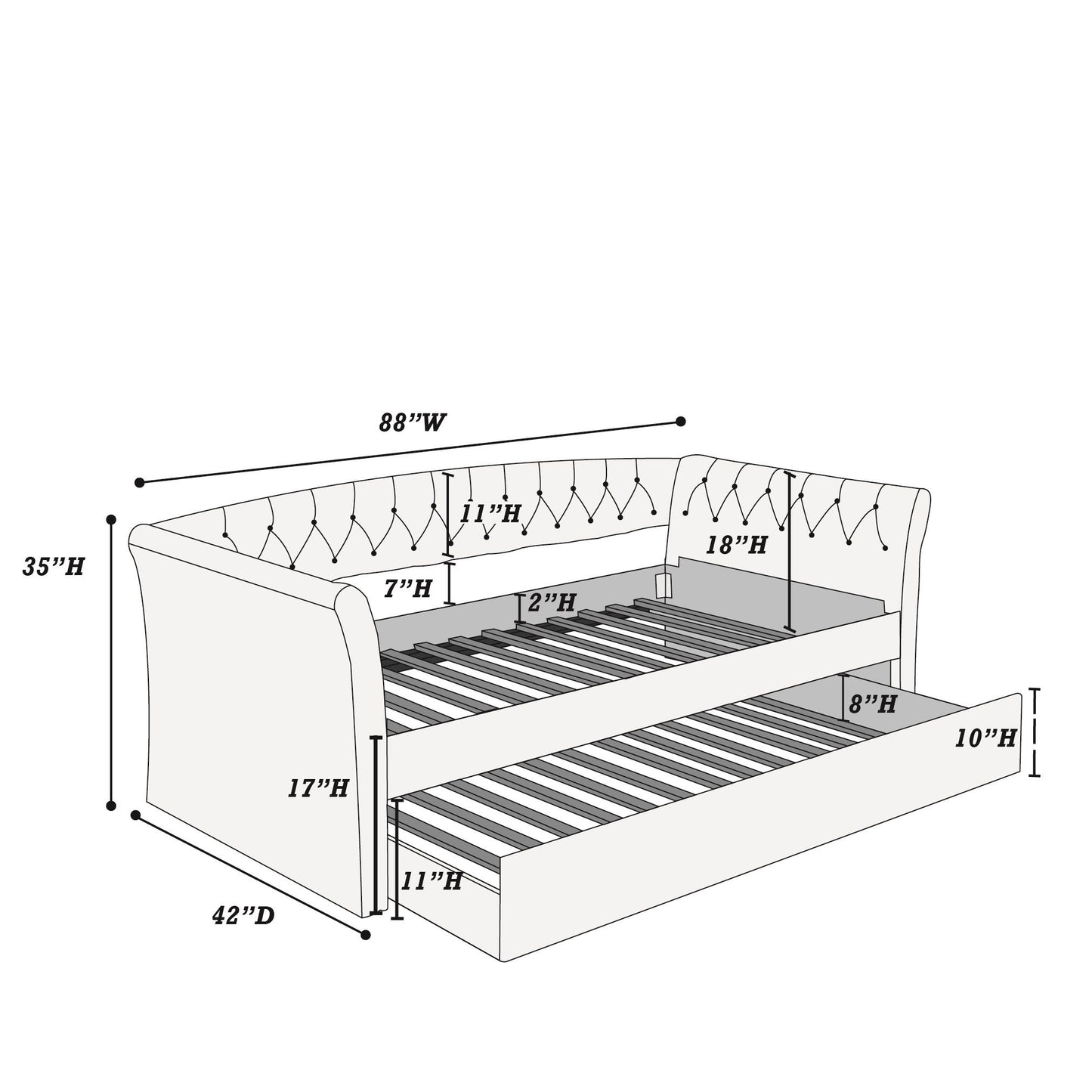Daybed With Trundle Button Tufted Slat Included - Charcoal Home Essentials