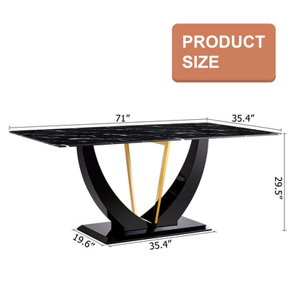 Modern Minimalist Luxurious Imitation Marble Dining Table Rectangular Office Desk With Tempered Glass - Black Home Essentials