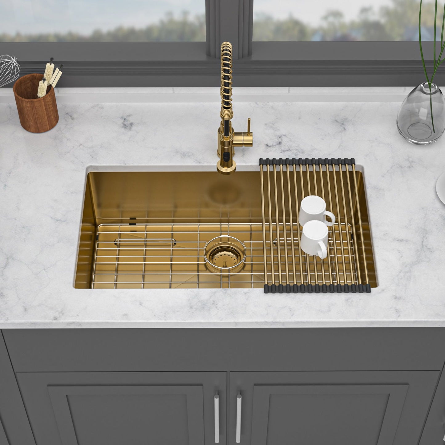 Gold Finish Undermount Stainless Steel Kitchen Sink 32" X 19" 16 Gauge Deep Single Bowl Daily Nest