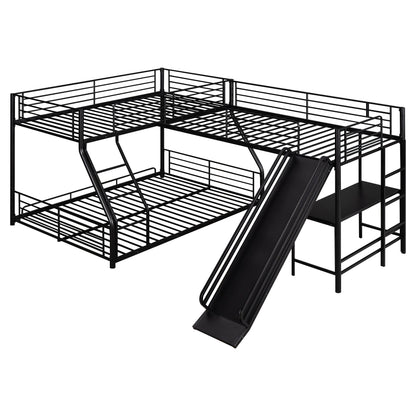 L-Shaped Twin Over Full Bunk Bed With Twin Loft, Built In Desk And Slide - Black Hearth and Haven