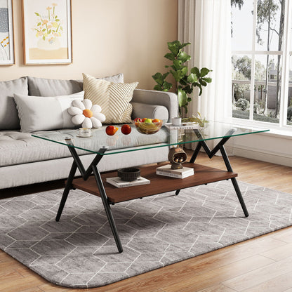 Rectangle Coffee Table With Tempered Glass Top And Shelf, Modern Table For Living Room Home Essentials