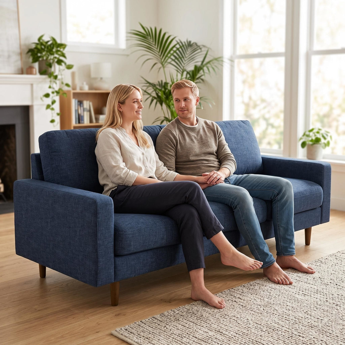 Modern Upholstered 3‑Seat Sofa Couch, Polyester Fabric Sofa With Accent Pillows, Loose Back Cushion For Living Room Apartment - Dark Blue U S Pride Furniture