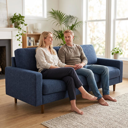 Modern Upholstered 3‑Seat Sofa Couch, Polyester Fabric Sofa With Accent Pillows, Loose Back Cushion For Living Room Apartment - Dark Blue U S Pride Furniture