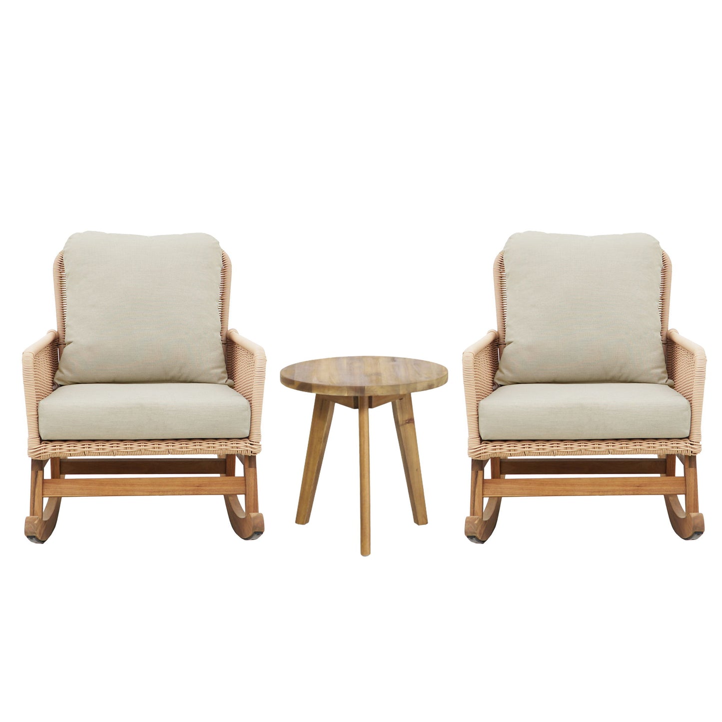 Modern 3 Piece Outdoor Seating Set With Cushioned Rattan Rocking Chairs And Wooden Accent Table Noble House