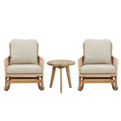 Modern 3 Piece Outdoor Seating Set With Cushioned Rattan Rocking Chairs And Wooden Accent Table Noble House