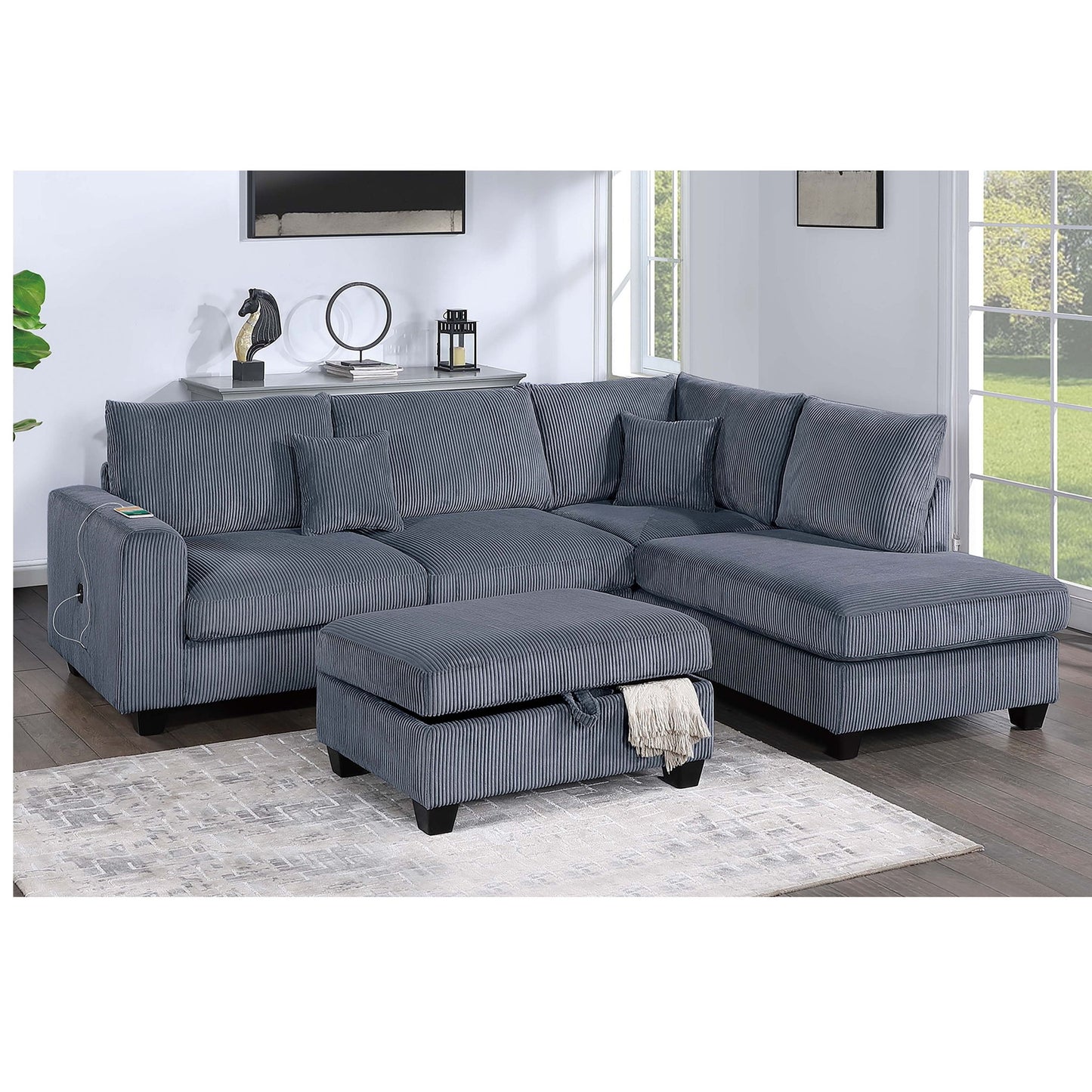 Modern Style Sectional Set With USB Port, Storage Ottoman Home Essentials