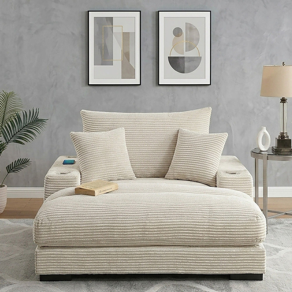 Upholstered Chaise Lounge With Cup Holders USB Port And Pillows Home Essentials