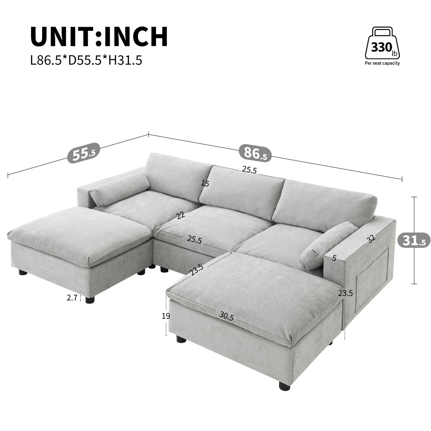 Modular Sectional With Storage Pockets, 5 Seat U Shaped Couch Set With Pillows, Free Combination Modern Cloud Sofa With 2 Movable Ottoman Luxe & Co.