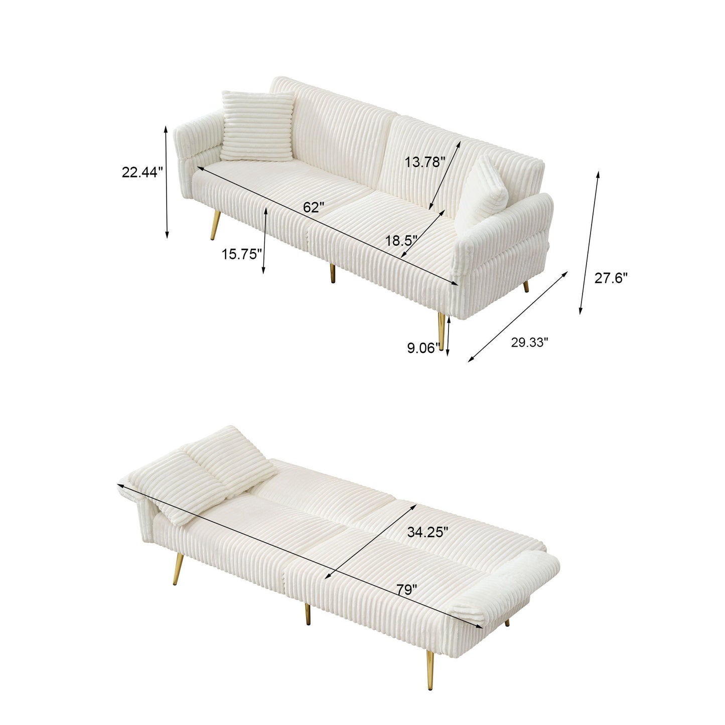 Luxury Corduroy Foldable Double Sofa Bed With Folding Armrests Home Essentials