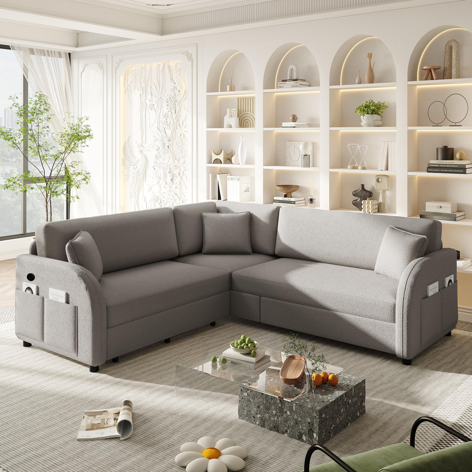 L-Shaped Couch With Pull-Out Bed, Oversize Convertible Sleeper Sofa With Side Pocket & USB Port Home Essentials