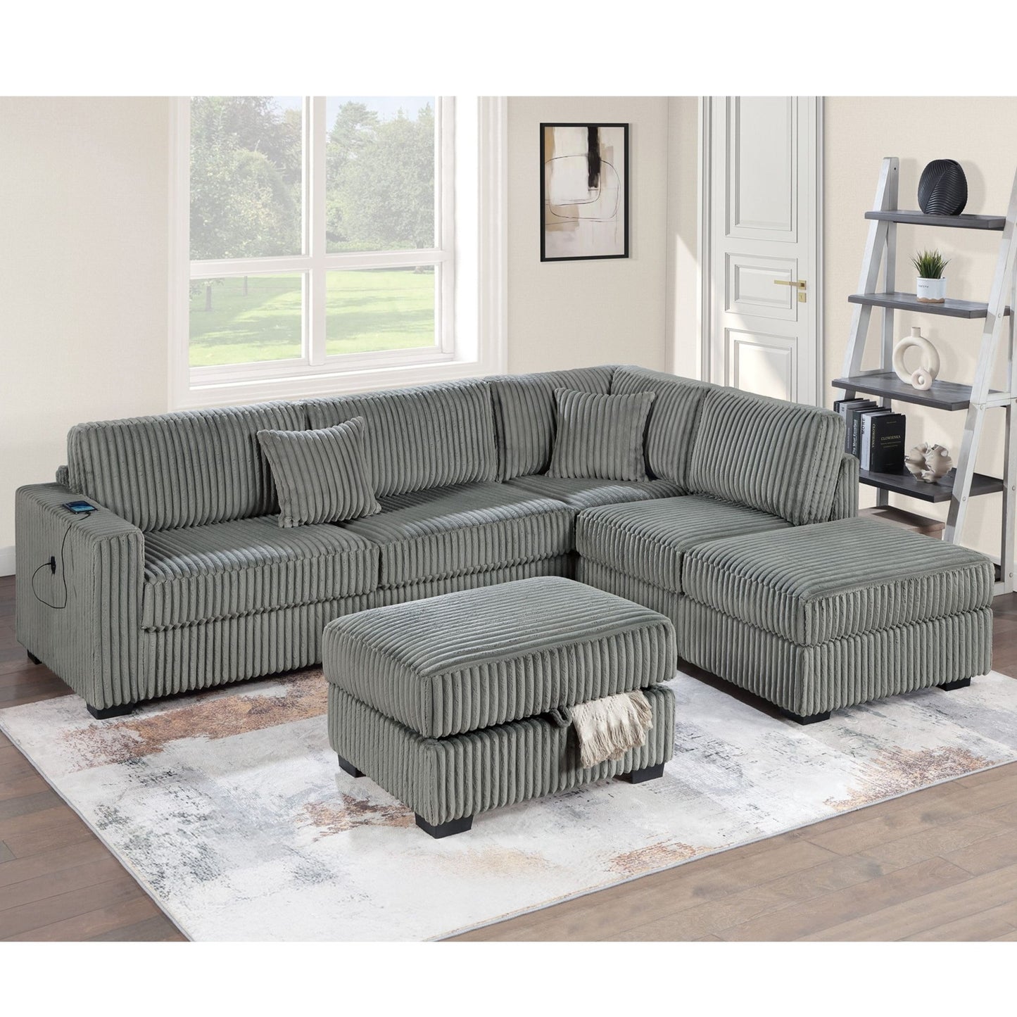 3 Piece Sectional Sofa With Reversible Chaise And USB Storage Ottoman Home Essentials