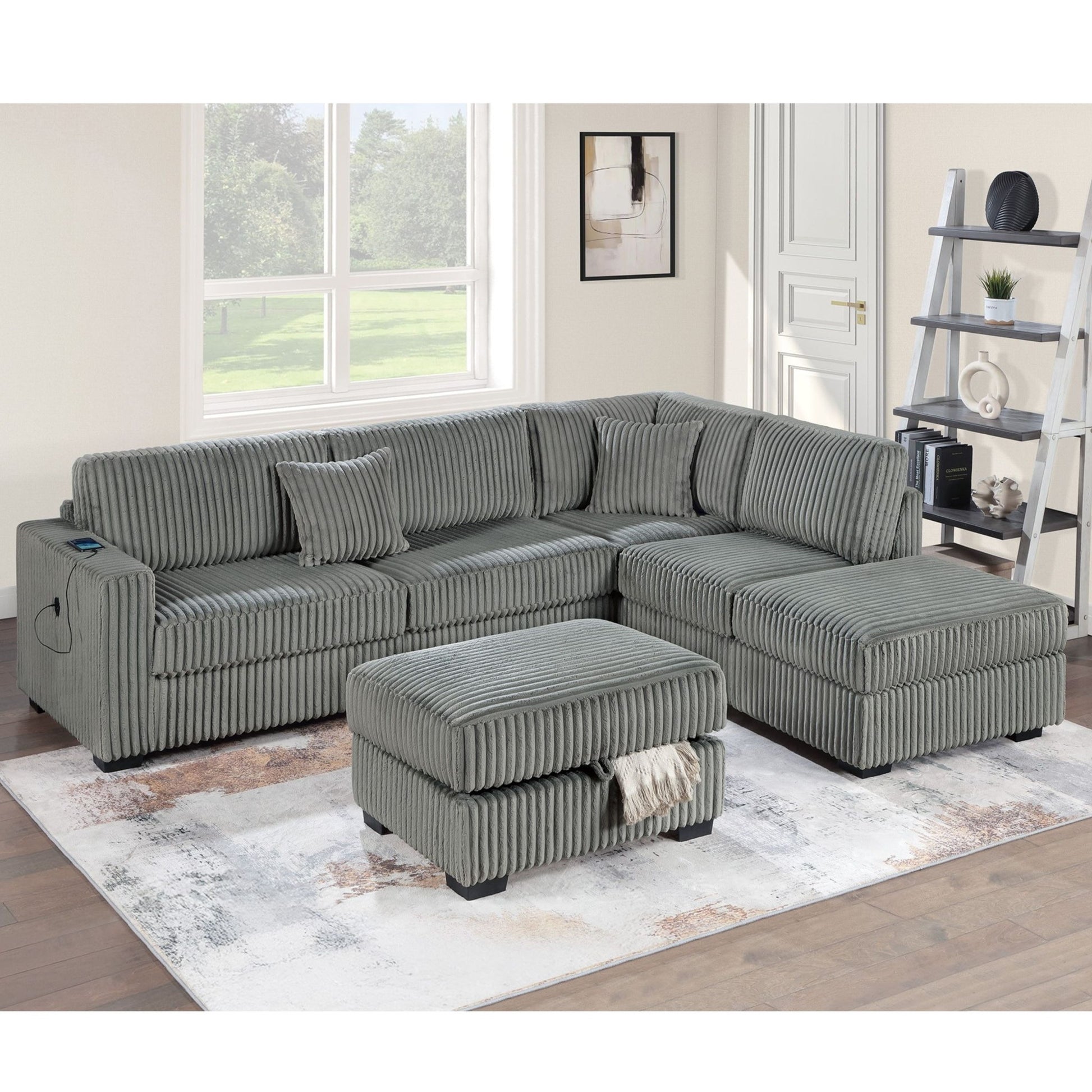 3 Piece Sectional Sofa With Reversible Chaise And USB Storage Ottoman Home Essentials