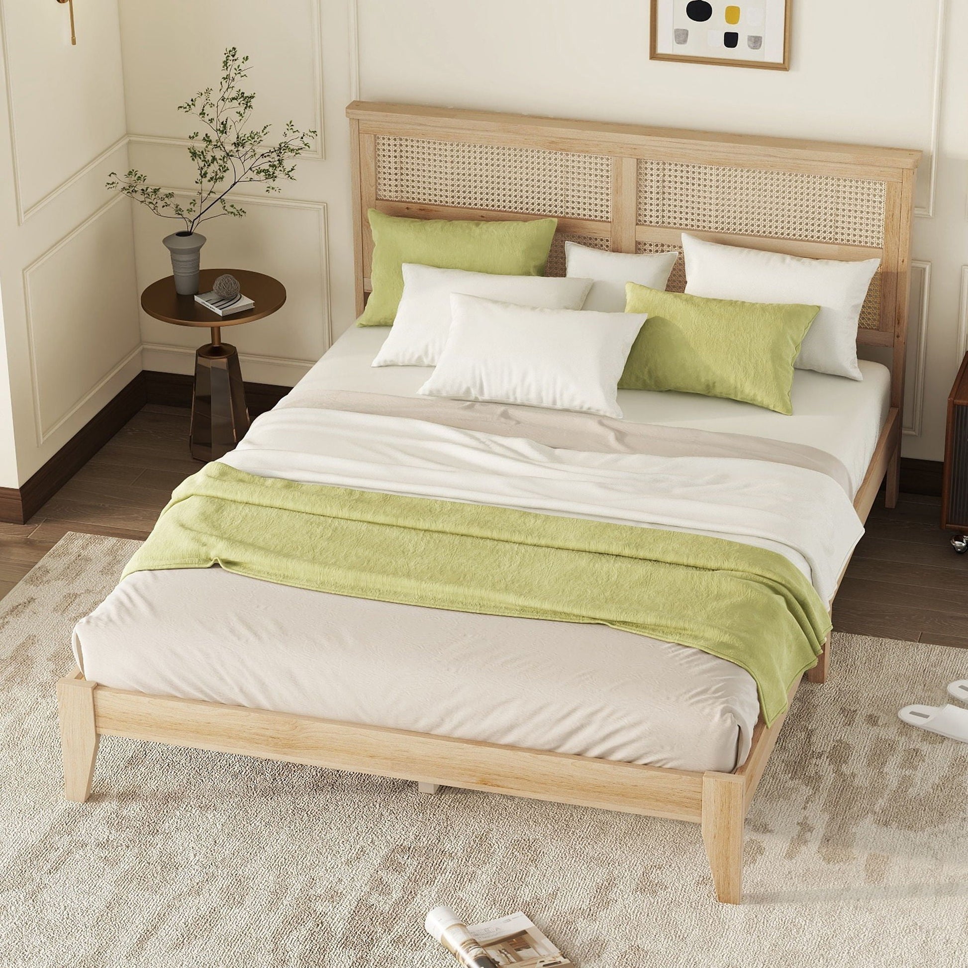 Queen Size Rubber Wooden, Solid Wooden Bed With Rattan Headboard, Enhanced By Support Feet - Natural Home Essentials