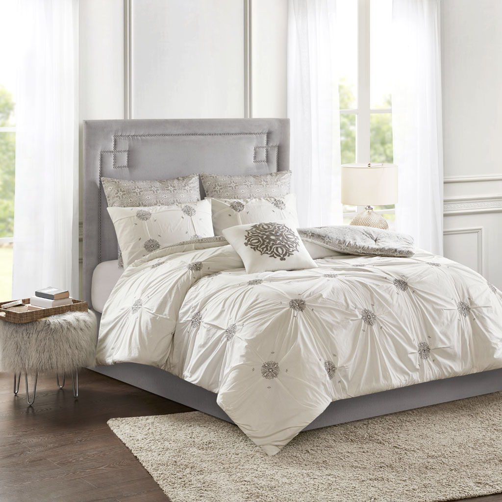 Malia - 6 Piece Embroidered Reversible Comforter Set - Ivory Madison Park