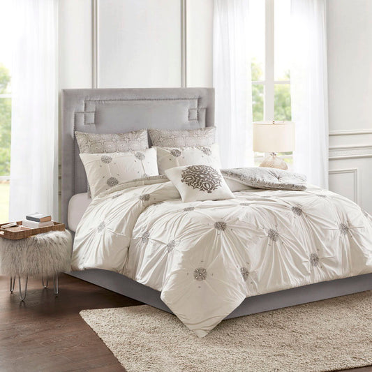 Malia - 6 Piece Embroidered Reversible Comforter Set - Ivory Madison Park