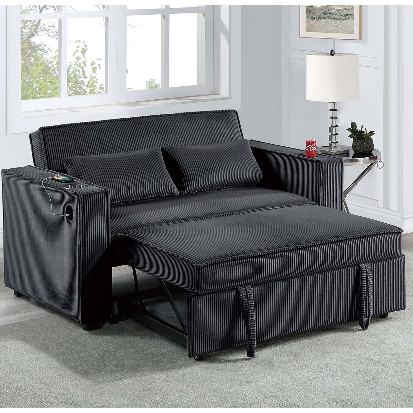 Modern Style Convertible Sofa With Pull-Out Bed, USB Ports & Cup Holders Home Essentials