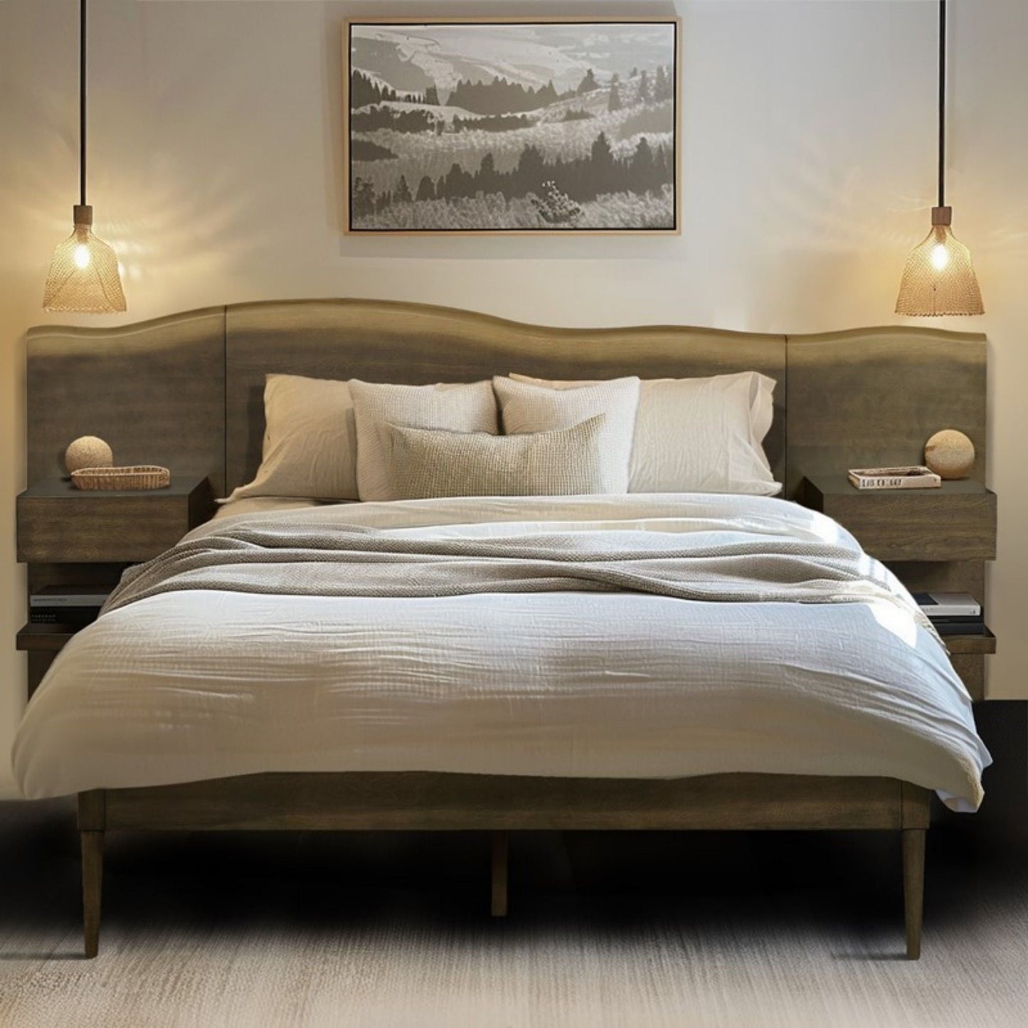 Queen Size Platform Bed Frame With Live Edge Headboard, Built In Nightstands - Dark Brown JLA