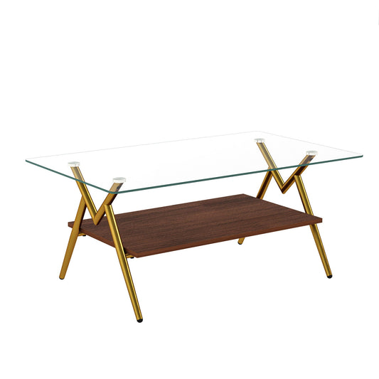 Rectangle Coffee Table With Tempered Glass Top And Shelf, Modern Table For Living Room Home Essentials