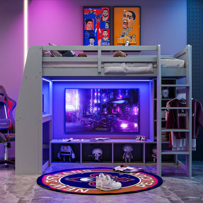 Gaming Loft Bed With Desk, Multi Storage Shelves, LED Lighting, And Hanging Clothes Rack Hearth and Haven