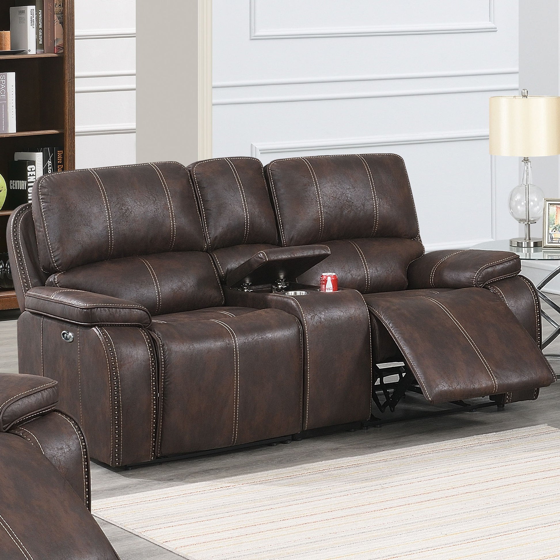 Power Reclining Loveseat With USB Port Leather Upholstered, Built In Cup Holder - Chocolate Home Essentials