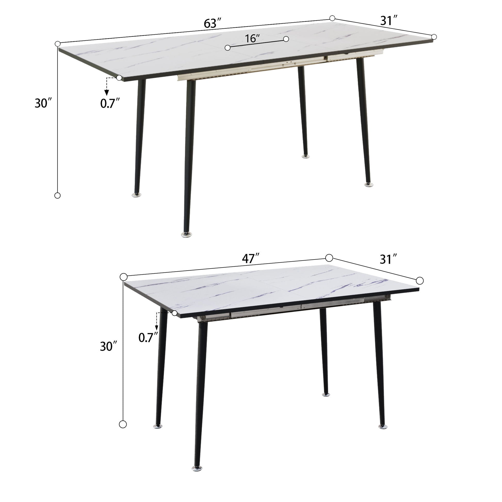 Modern Industrial Expandable Dining Table 47" To With Marble Pattern Top And Metal Legs - White Home Essentials
