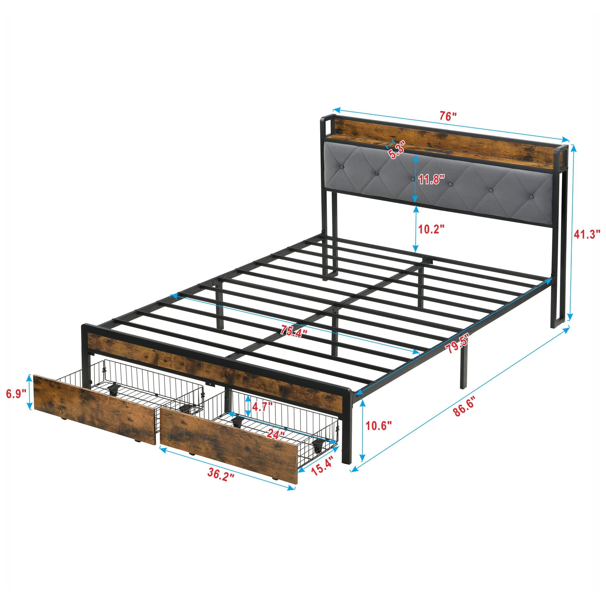Modern Bed Frame With LED Lights, Upholstered Headboard, USB Charging Home Essentials