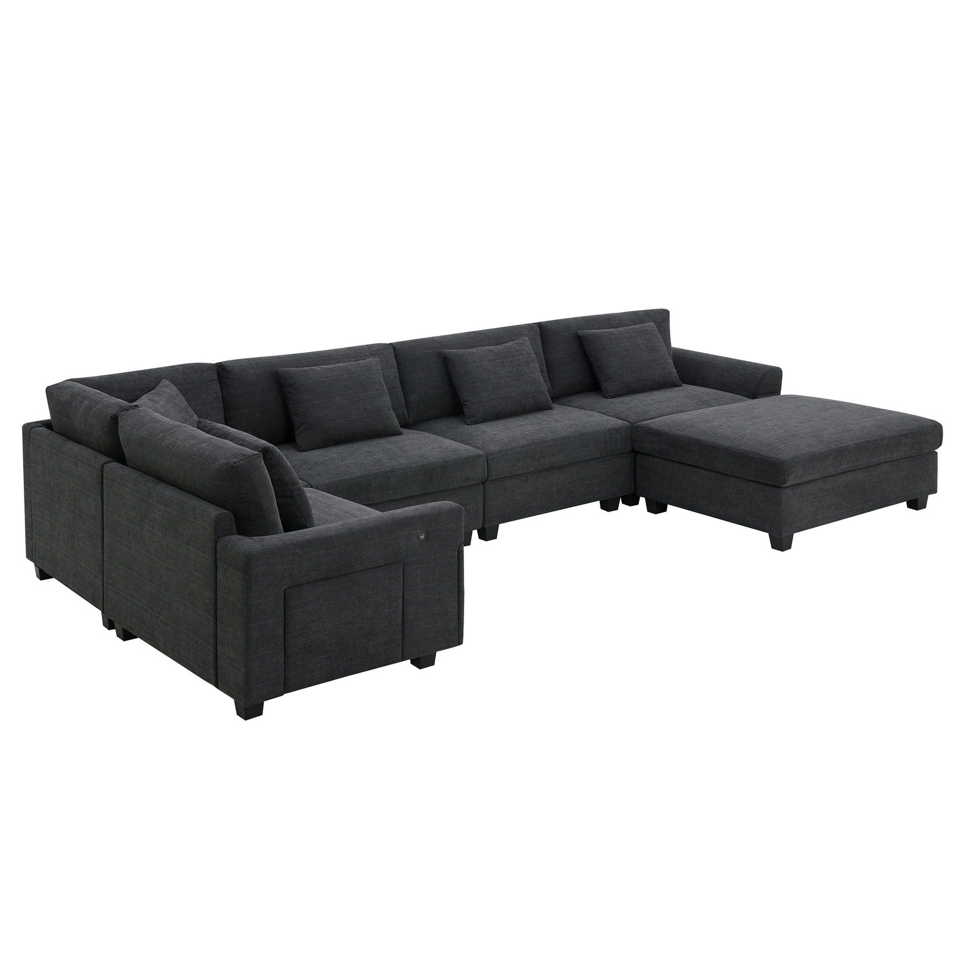 U Shaped Sectional Sofa 6 Seat Couch Set With Oversized Ottoman, Hidden Armrest Storage And Cup Holders USB Charging Ports Wide Seat Sofa Luxe & Co.