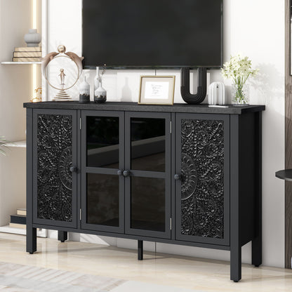 Retro TV Stand With 3 Spacious Cabinets, Glass Cabinet Doors And Anti-Tip Device Hearth and Haven