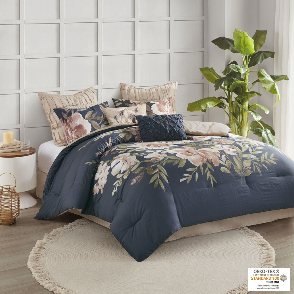 Camillia - Queen 8 Piece Comforter Set - Navy